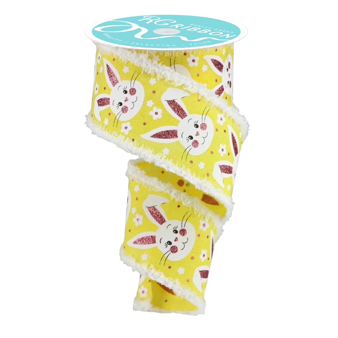 Easter Bunny Wired Ribbon 2.5" Inch with Fuzzy Edges for Bows, Wreaths, Baskets, and Decorations (Yellow, Green)